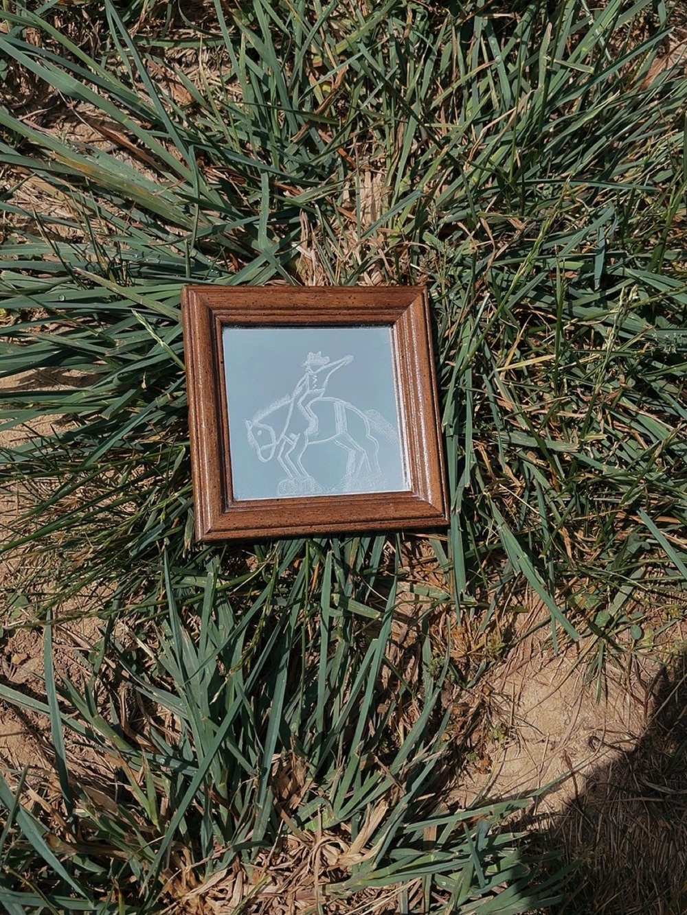 Wood Frame Etched Glass Horse Artwork - Brown Frame, Pale Blue Glass